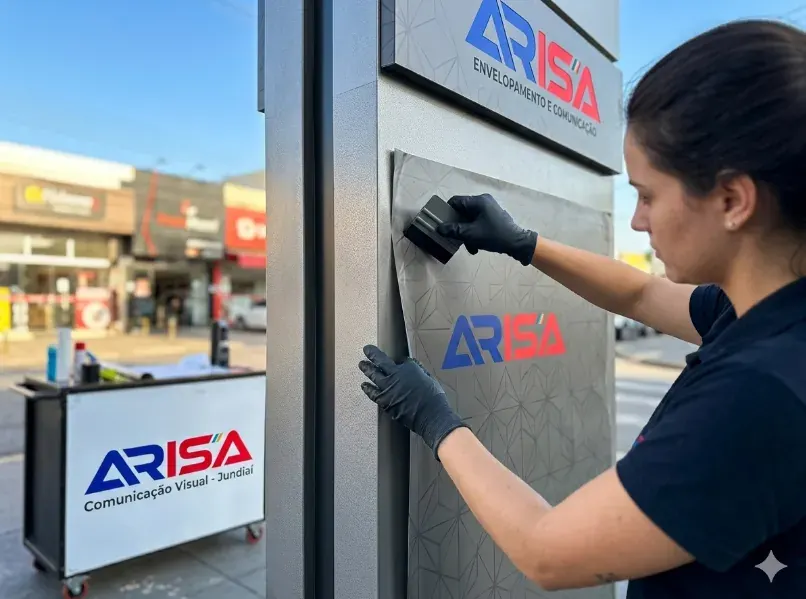 Profissional realizando aplicação técnica de envelopamento em totem da Arisa Comunicação Visual