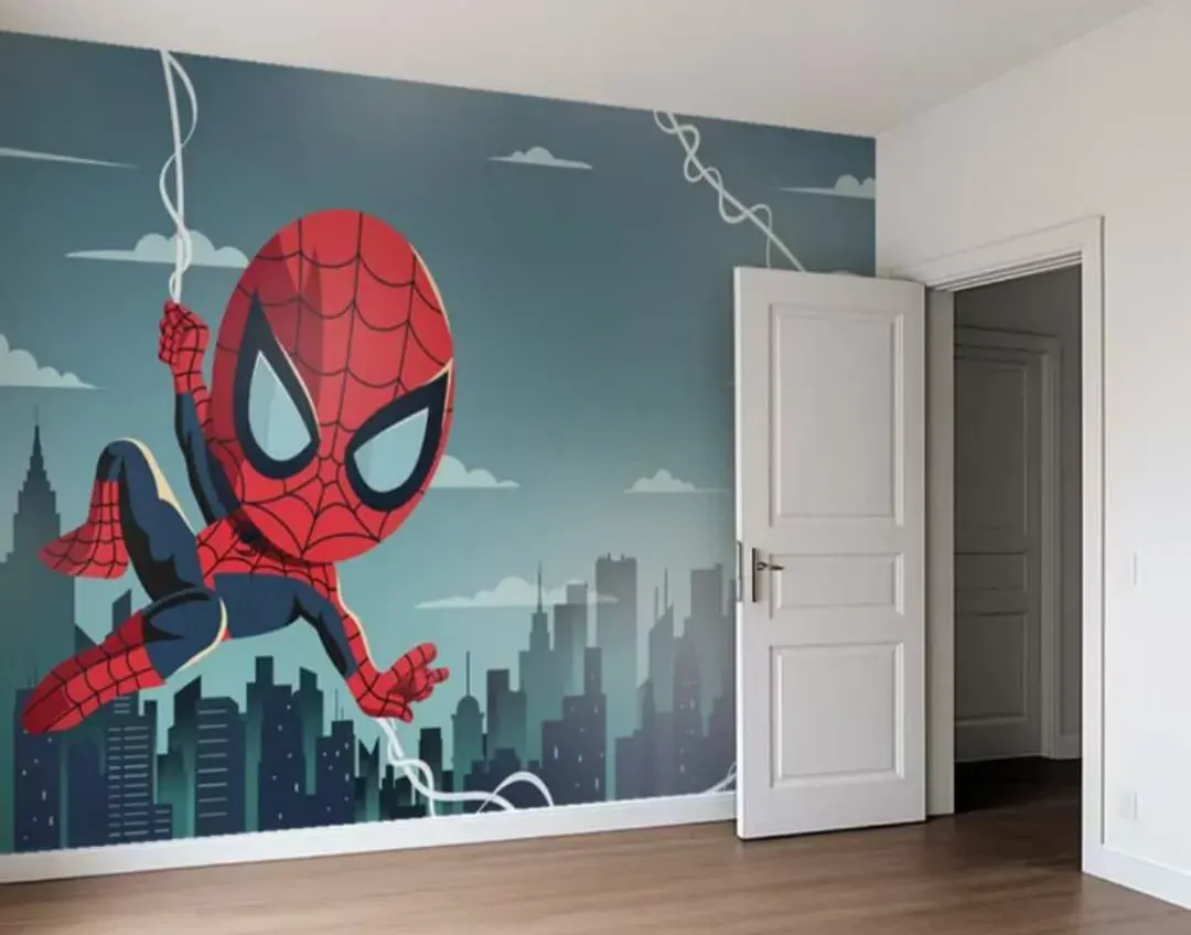 Aplicação de papel de parede temático do Homem Aranha para quarto infantil